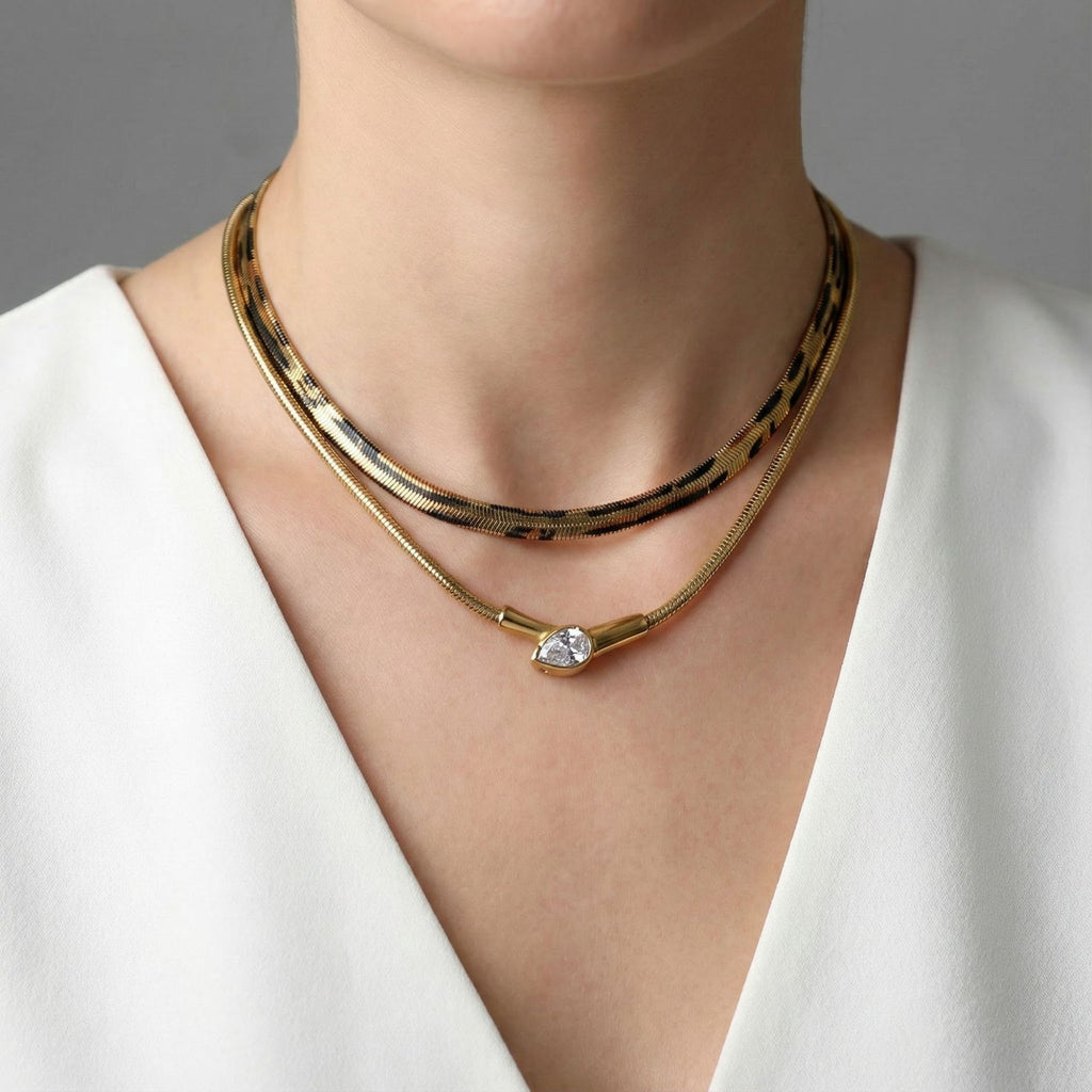 Leopard Print Choker & Gold Teardrop Zircon Layered Necklace – 2 Layer Snake Chain Statement Jewelry