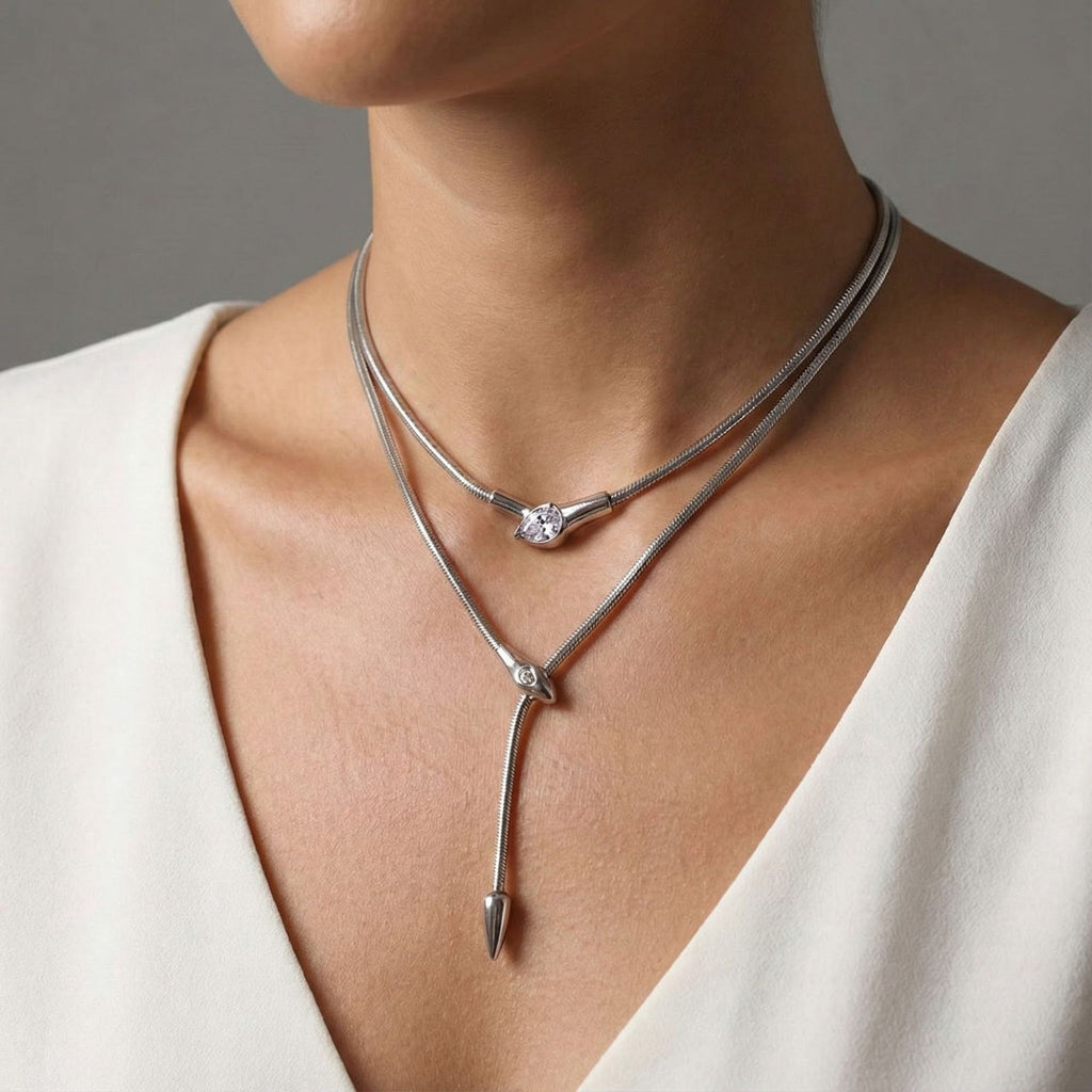 Necklace Four-Piece Set Water Drop Zircon Bolo Necklace Collection, Gold & Silver Options, Adjustable Lariat Snake Chain
