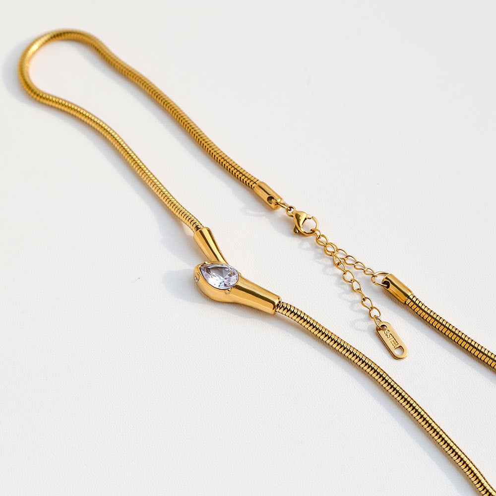 Leopard Print Choker & Gold Teardrop Zircon Layered Necklace – 2 Layer Snake Chain Statement Jewelry