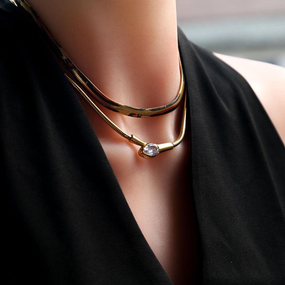 Leopard Print Choker & Gold Teardrop Zircon Layered Necklace – 2 Layer Snake Chain Statement Jewelry