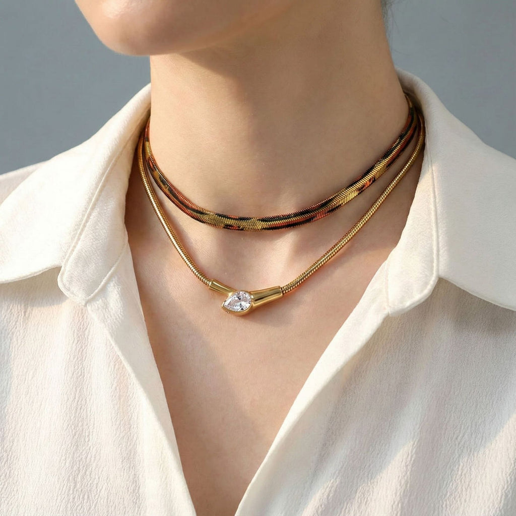 Leopard Print Choker & Gold Teardrop Zircon Layered Necklace – 2 Layer Snake Chain Statement Jewelry