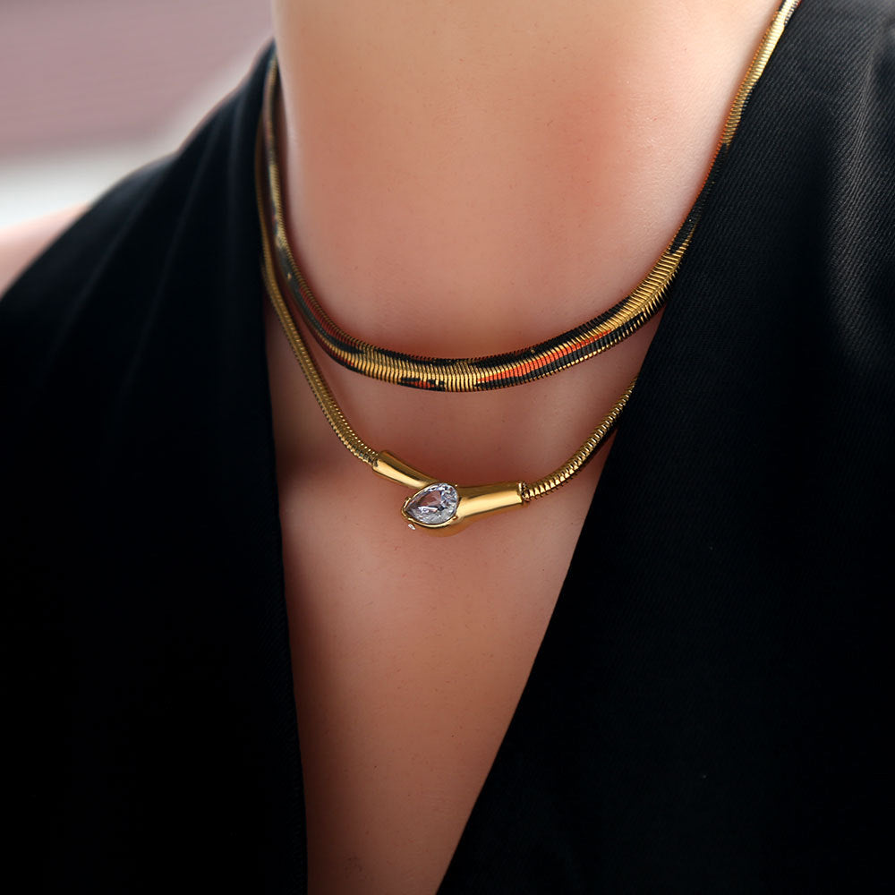 Leopard Print Choker & Gold Teardrop Zircon Layered Necklace – 2 Layer Snake Chain Statement Jewelry