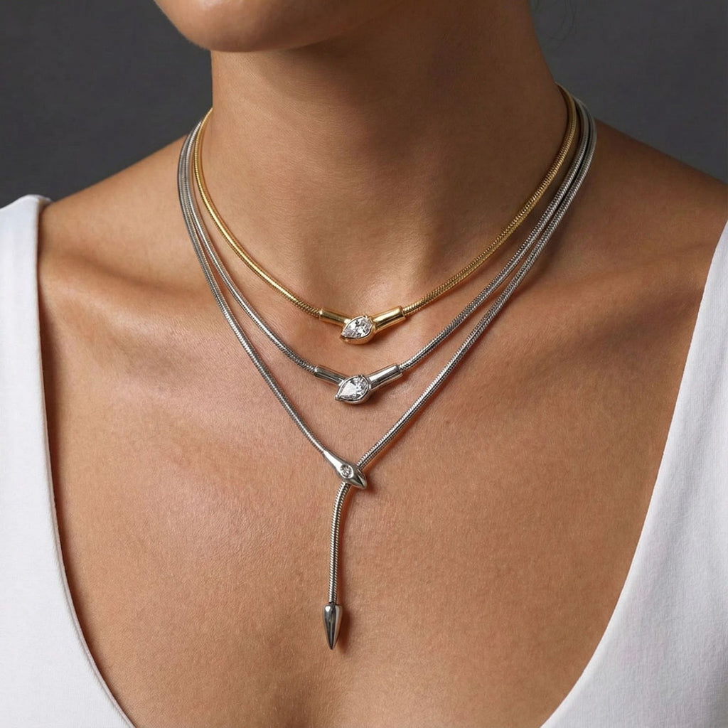 Necklace Four-Piece Set Water Drop Zircon Bolo Necklace Collection, Gold & Silver Options, Adjustable Lariat Snake Chain
